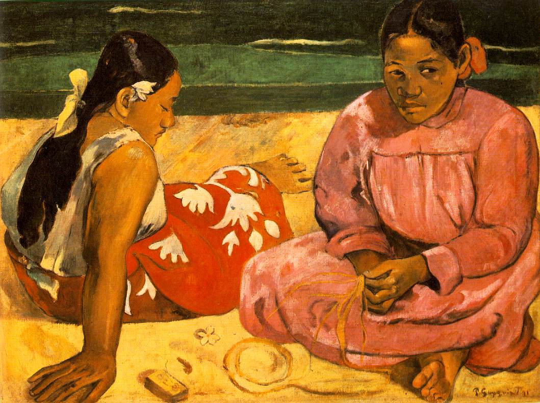 Ů--Tahitian Women (On the Beach) <br>1891; Oil on canvas, 69 x 91 cm; <br>Musee d'Orsay, Paris 