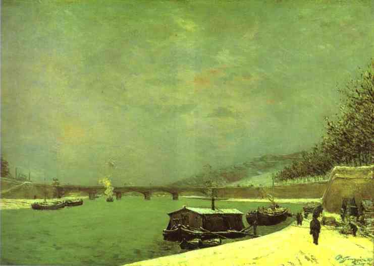 The Seine at the Pont d'Ina, Snowy Weather. <br>1875. Oil on canvas. <br>Muse d'Orsay, Paris, France