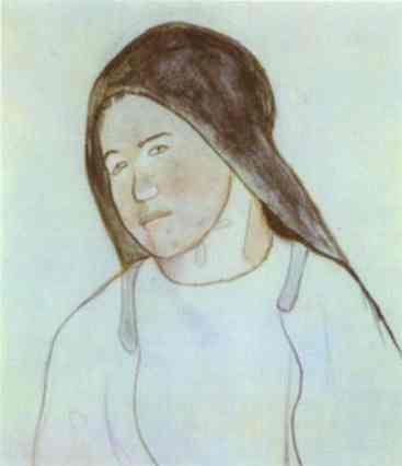 Head of Young Breton Peasant Woman. <br>c.1894. Pencil, red and black chalk, wash. <br>Fogg Art Museum, Harvard University, Cambridge, MA, USA.