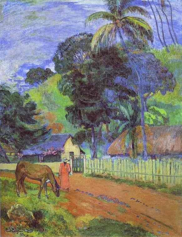 Horse on Road. Tahitian Landscape. <br>1899. Oil on canvas. <br>The Pushkin Museum of Fine Art, Moscow, Russia. 