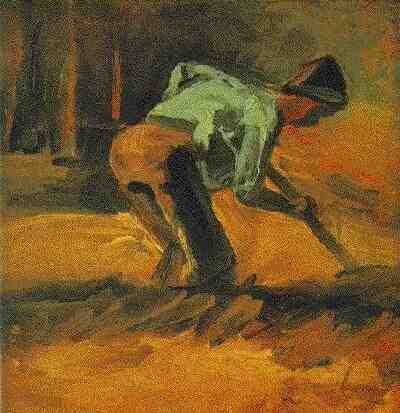 Man Stooping with Stick or Spade 