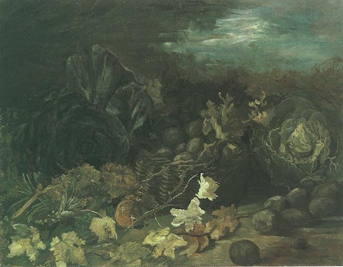 Still Life with a Basket of Potatoes, Surrounded by Autumn Leaves and Vegetables