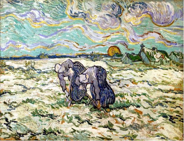Two Peasant Women Digging in Field with Snow 