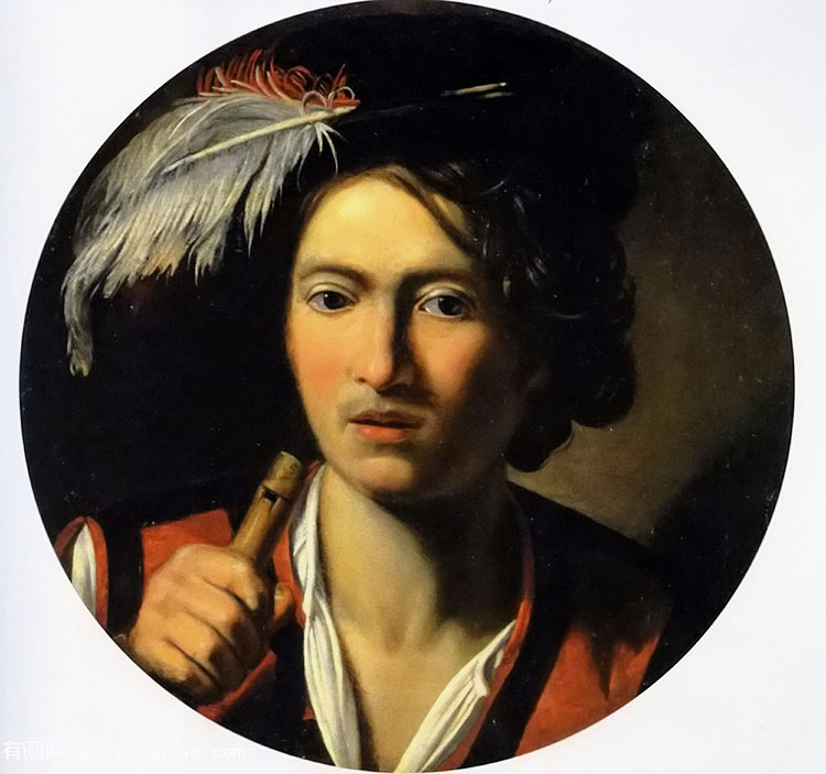 Ӱóͷñ - portrait of a young man bust length holding a flute and wearing a feather in his hat