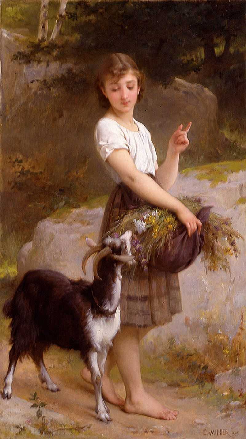 Young Girl with Goat and Flowers