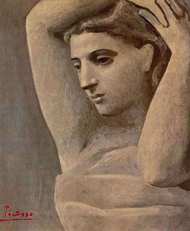 Bust of a woman, arms raised