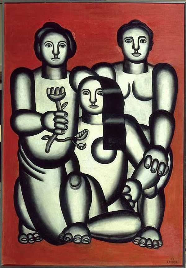 Three girls on red background (composition with three women)