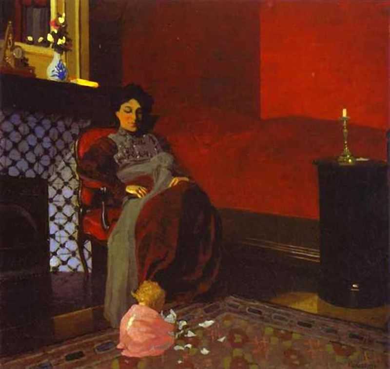 Interior Red Room with Woman and Child