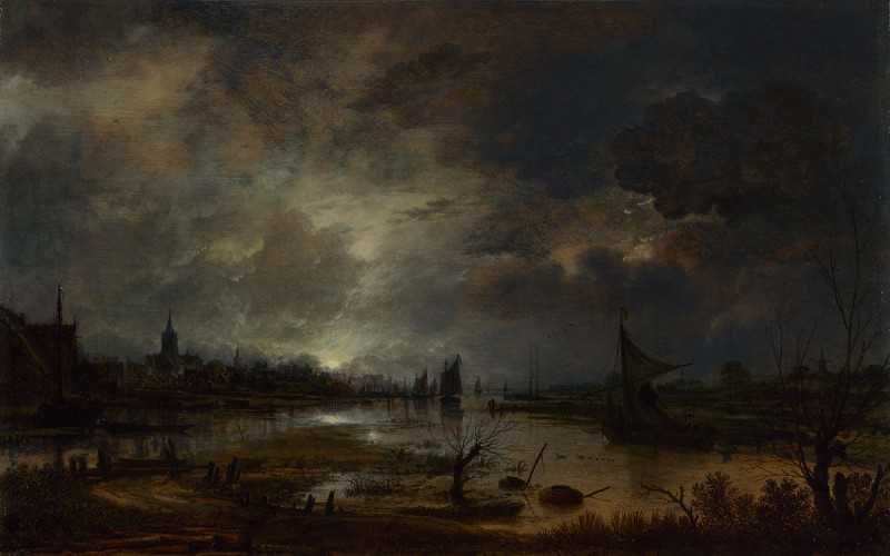 ¹Сĺ - A River near a Town, by Moonlight