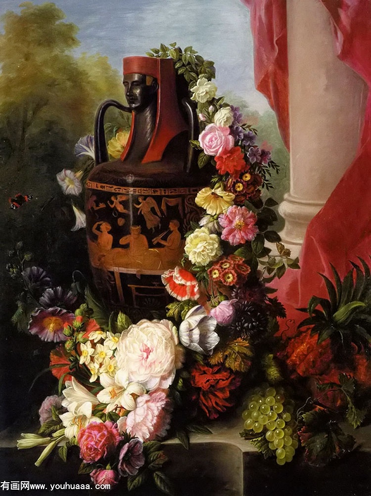 a greek urn with garland of roses