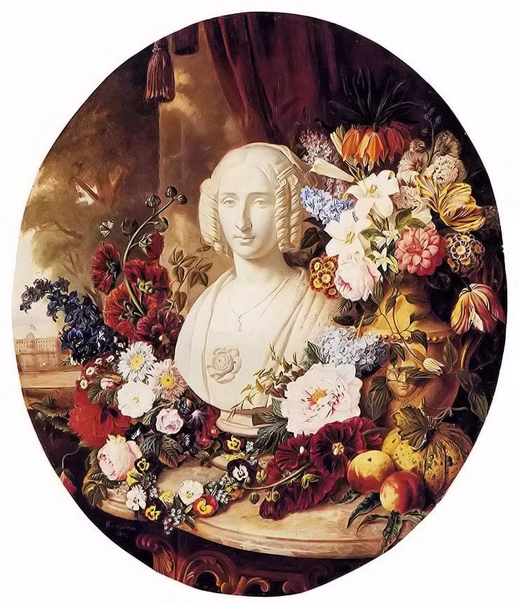 :ʻˮŮ - a still life with assorted flowers, fruit and a marble bust of a woman