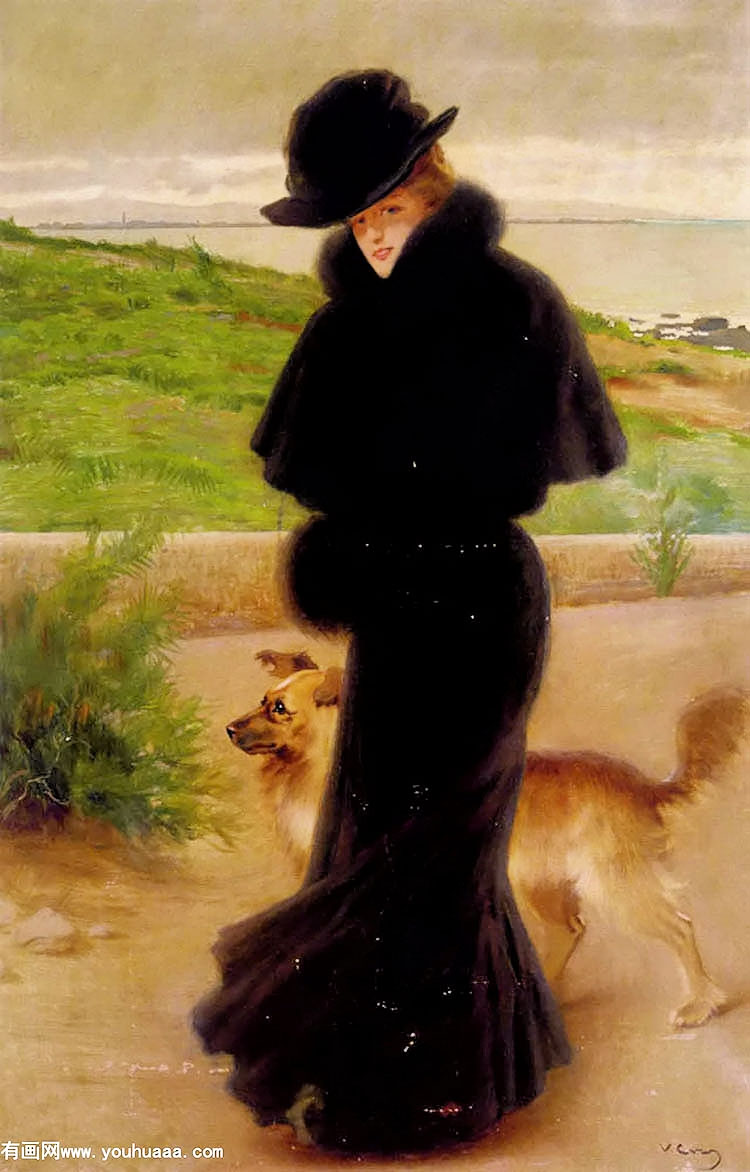 an elegant lady with her faithful companion by the beach