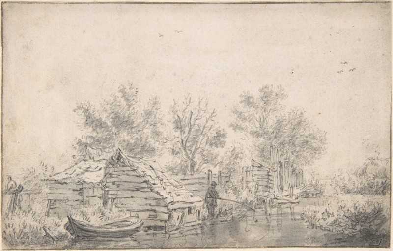 ˺ӱߵ - Canal Landscape with a Fisherman