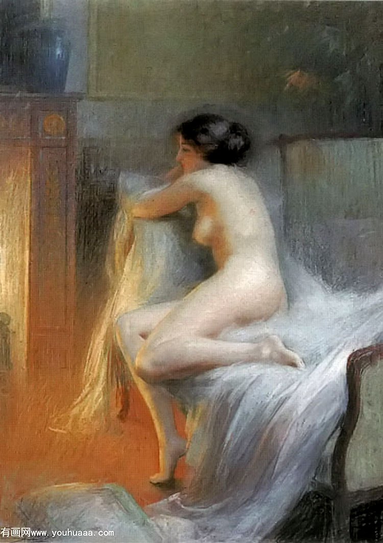 a nude reclining by the fire