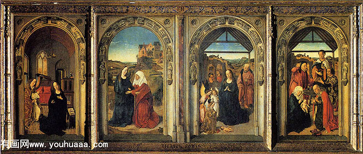 Ϊʹϲʥĸ̽ãʹʥ - polyptych showing the annunciation, the visitation, the adoration of the angels and the adoration of the kings