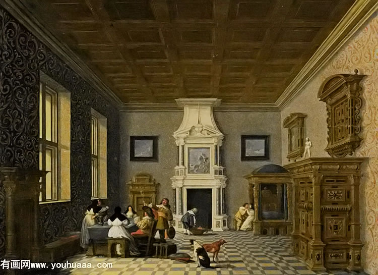 A Palace Interior With Cavaliers Cavoting With Nuns