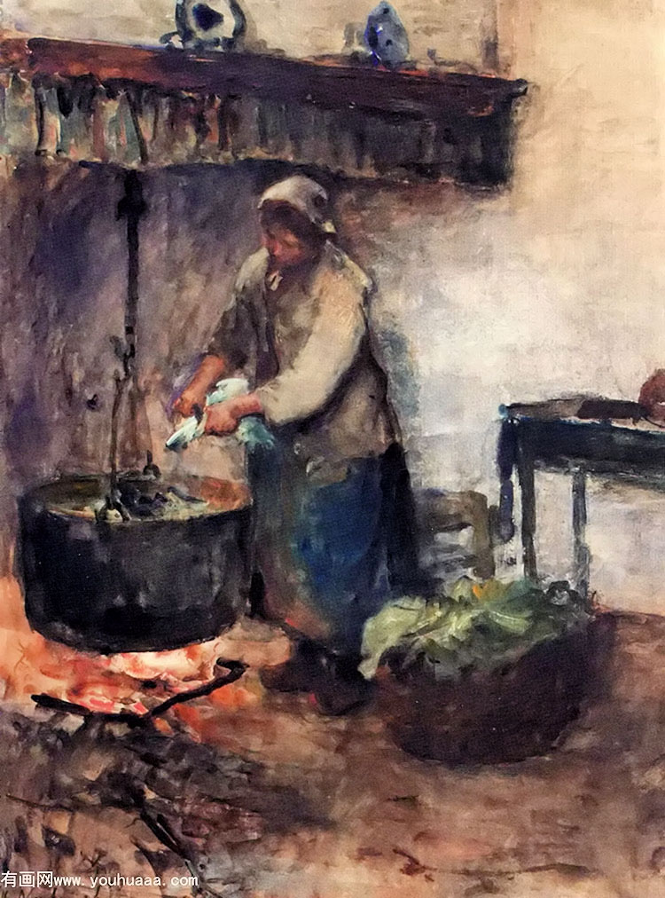 a cottage interior with a peasant woman preparing supper