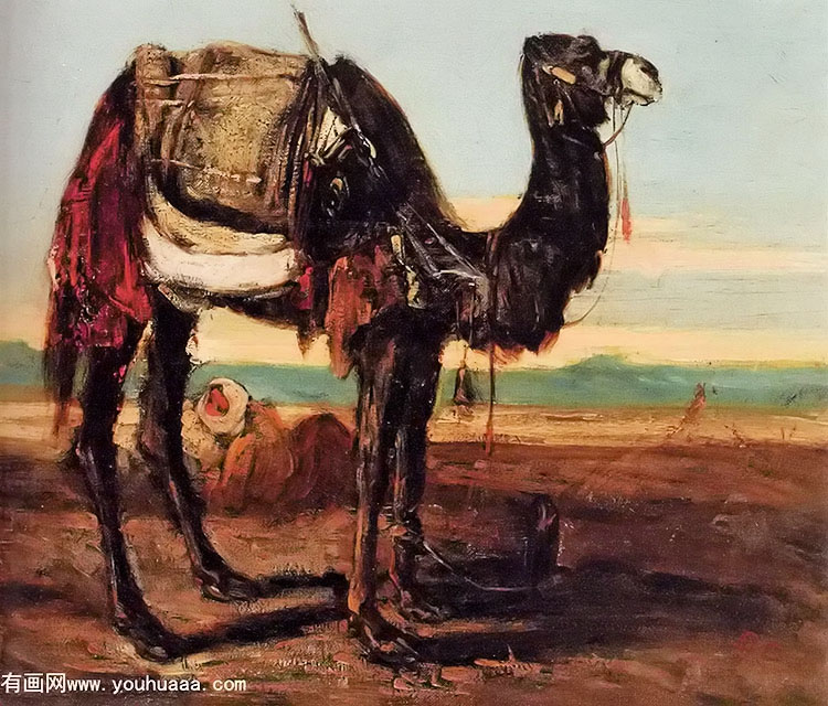 a bedouin and a camel resting in a desert landscape