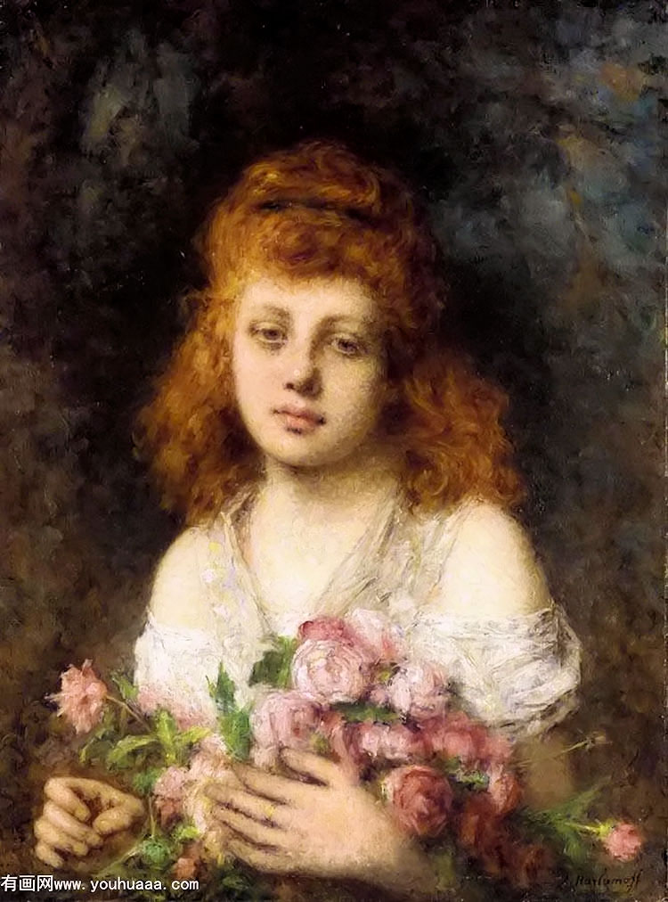 auburn haired beauty with bouqet of roses