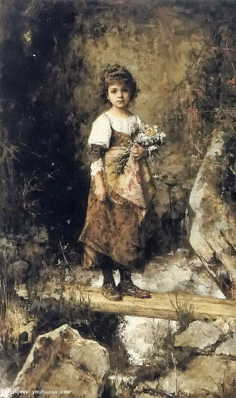 a peasant girl on a footbridge