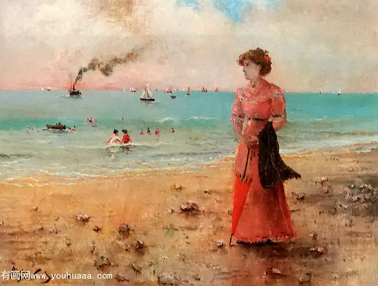 jeune femme a lombrelle rouge au bord de la mer