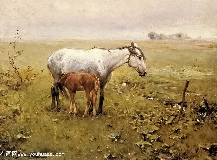 a mare and her foal in a landscape