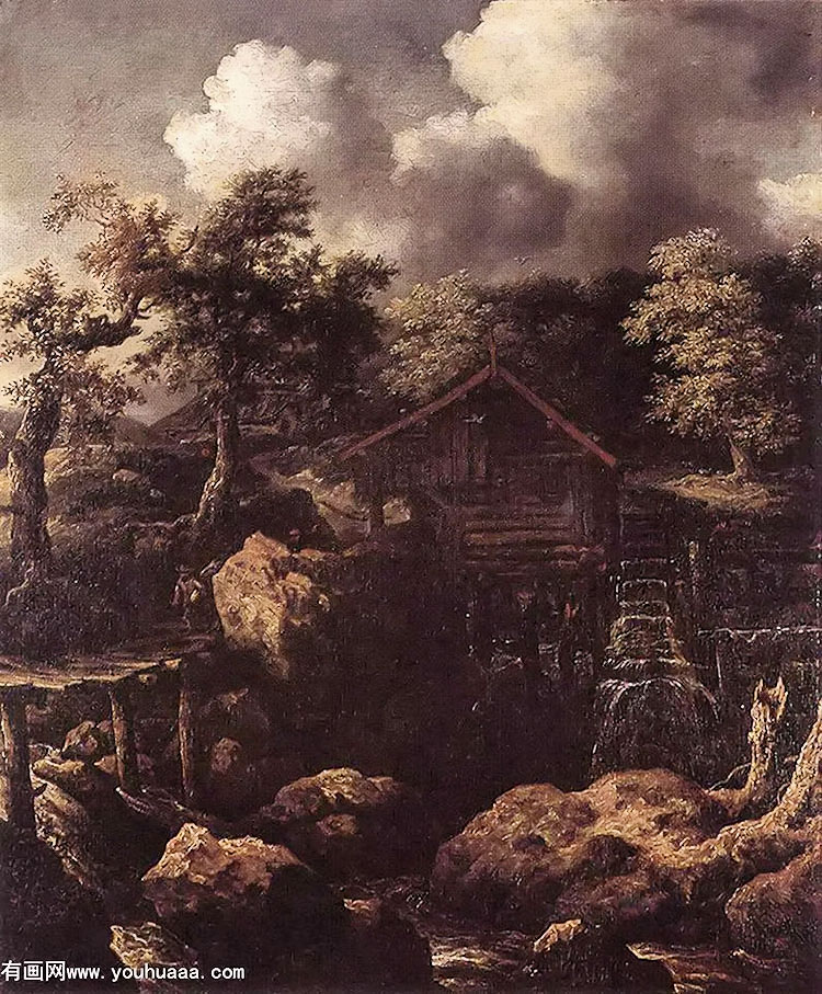 forest scene with water mill