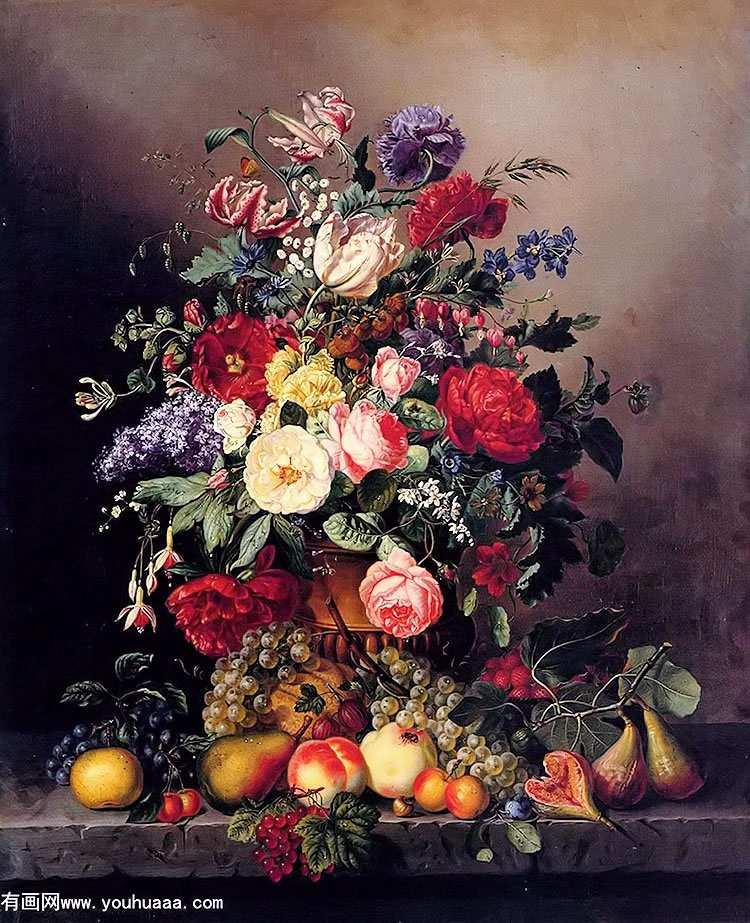 :ʻˮ - a still life with assorted flowers, fruit and insects on a ledge