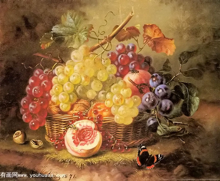 :Ӱϵѣ - a still life with grapes, peaches and a butterfly on a mossy bank