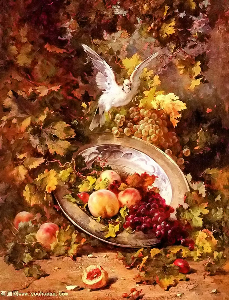 peaches and grapes with a dove