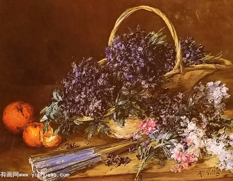 :ϵһʻ - a still life with a basket of flowers, oranges and a fan on a table