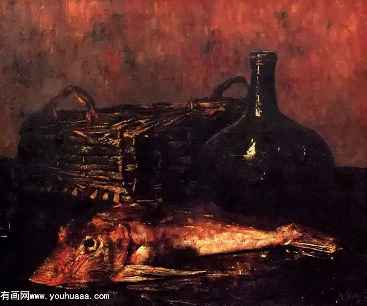 :㣬ˮ޺ - a still life with a fish, a bottle and a wicker basket