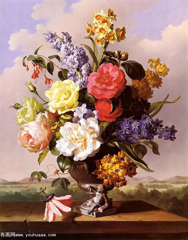 flowers in an urn on a ledge