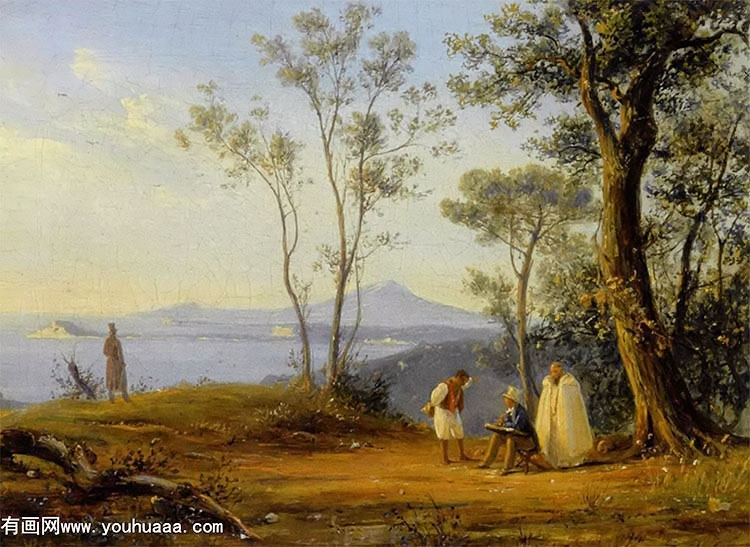 a painter at work in an italianate coastal landscape