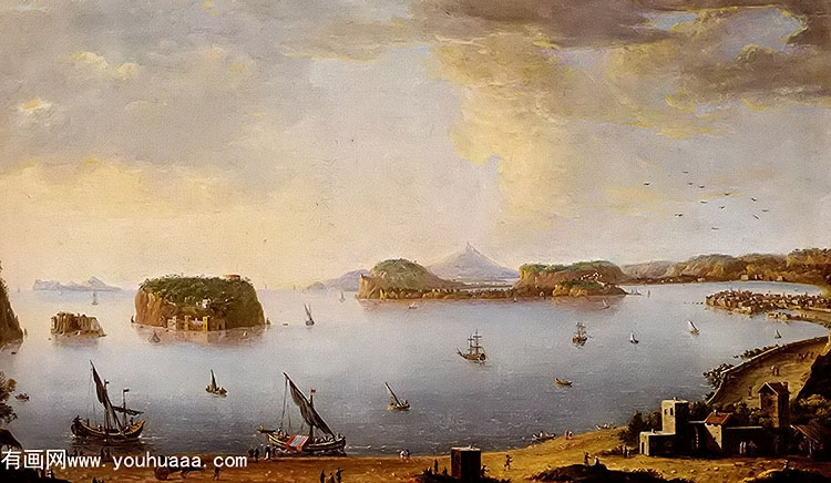 view of the bay of pozzuoli with the port of baia, the islands of nisida, procida, ischia and capri