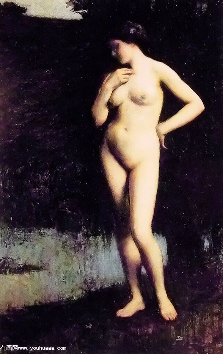 standing nude before the lake