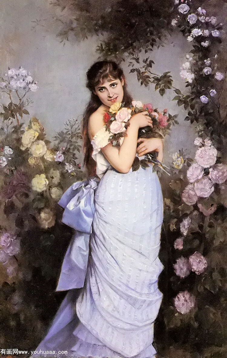 a young woman in a rose garden