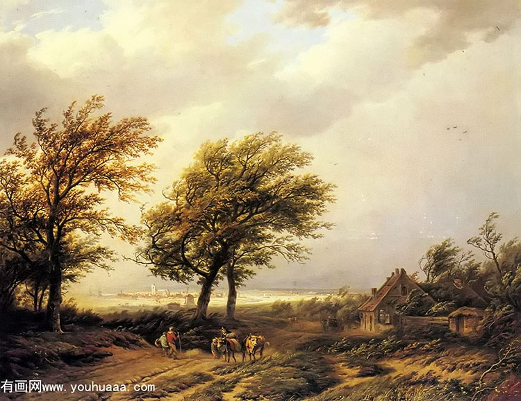 travellers in an extensive landscape with a town beyond