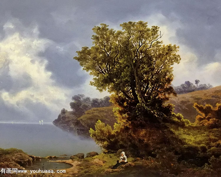 two figures seated under a tree a storm approaching beyond