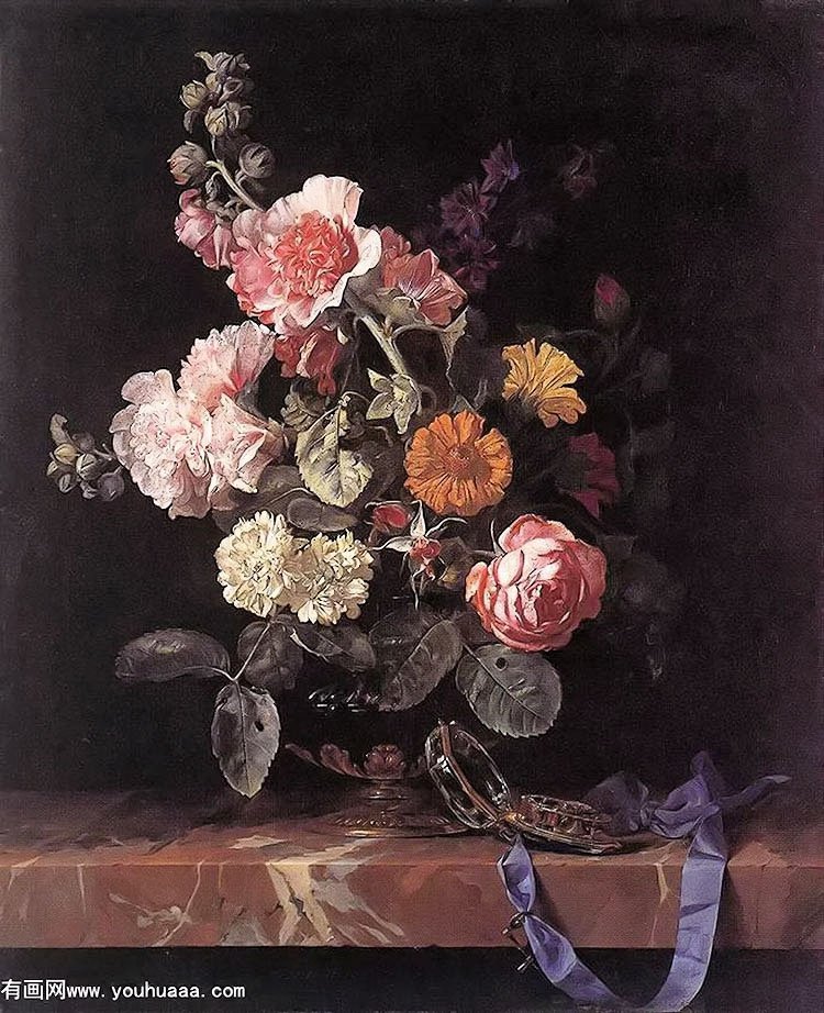 vase of flowers with watch