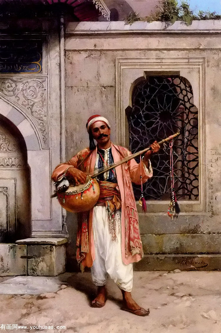 a musician playing before a mosque in constantinople