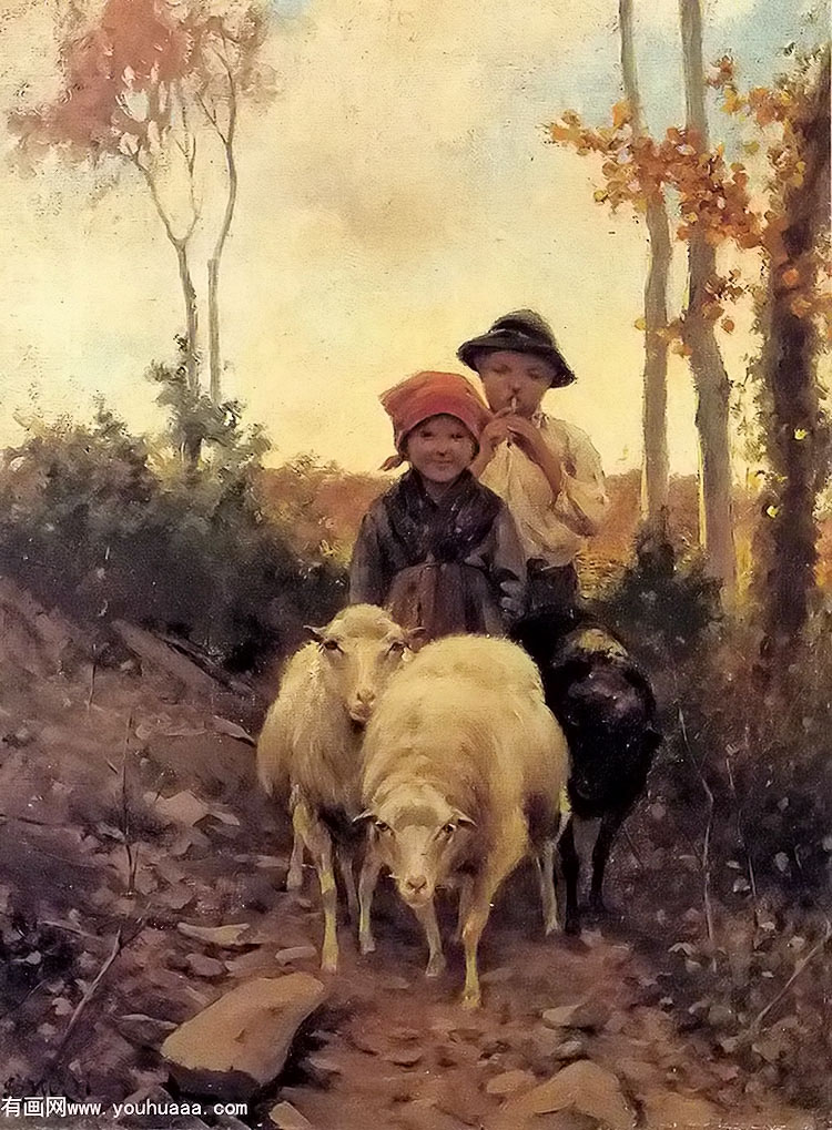 children with sheep on a path