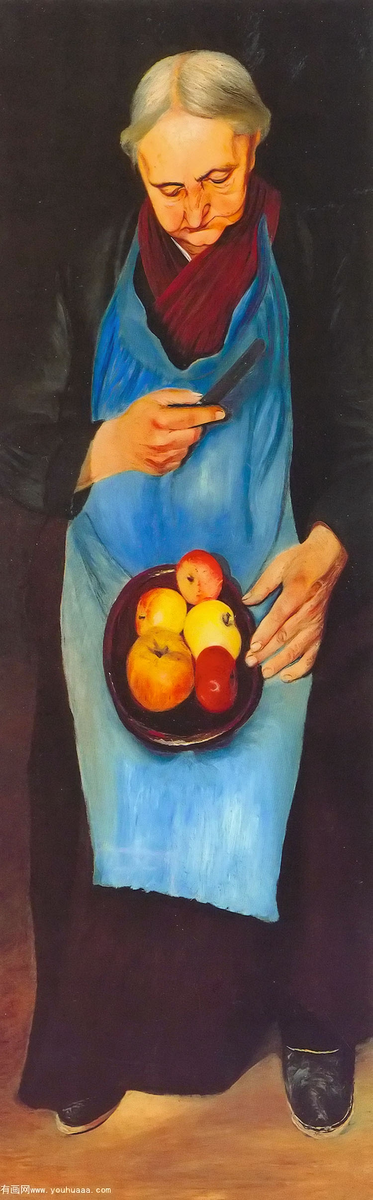 old woman peeling an apple