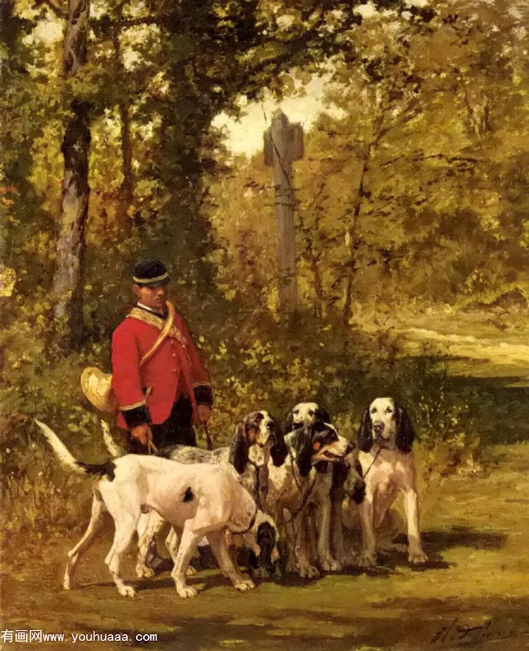 a huntmaster with his dogs on a forest trail