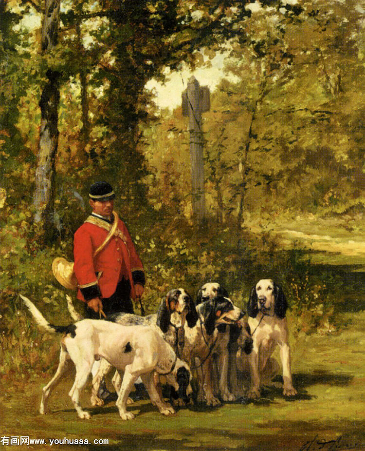 penne charles olivier de a huntmaster with his dogs on a forest trail oil on panel