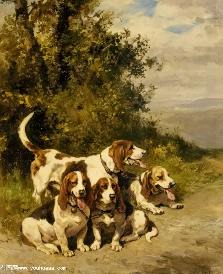 penne charles olivier de hunting dogs on a forest path oil on panel