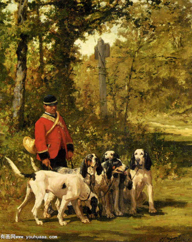 penne charles olivier de penne a huntmaster with his dogs on a forest trail oil on panel