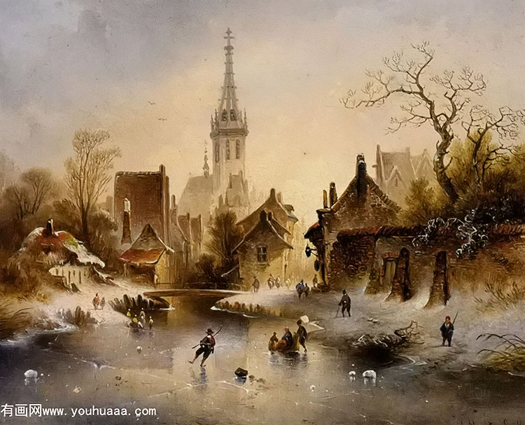 a winter landscape with skaters near a village