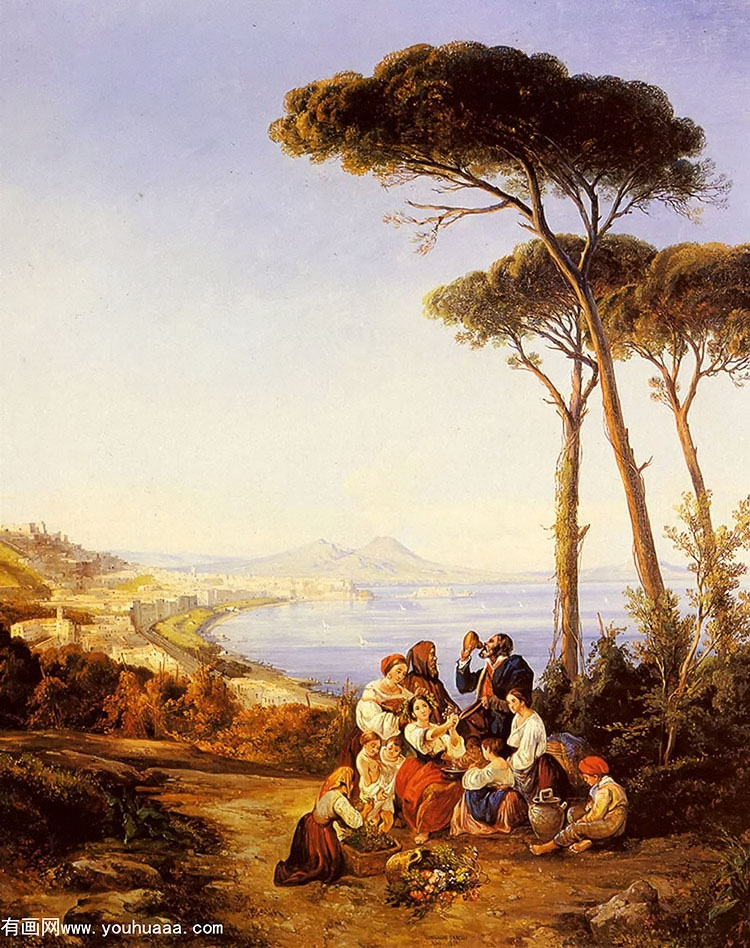 a group of peasants with the bay of naples beyond