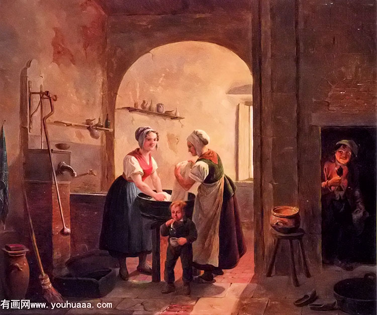 washerwomen in a sunlit basement with a young boy blowing bubbles